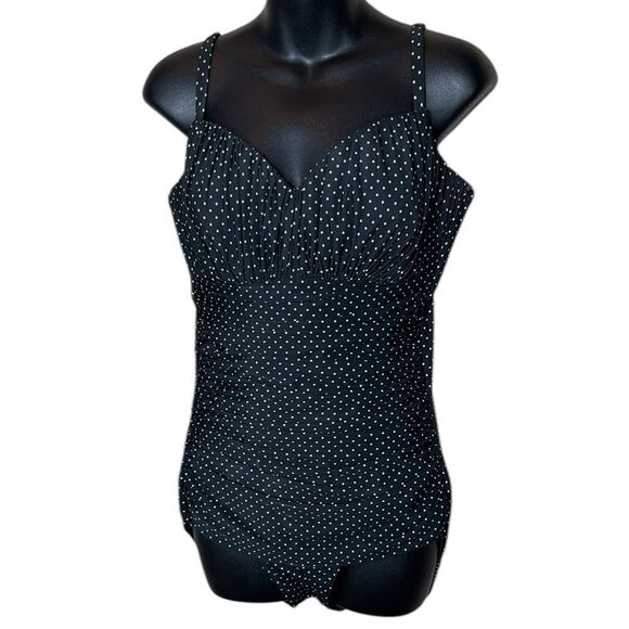 Miraclesuit women’s 14DD black polka dot ruched draped one piece swimsuit - Picture 1 of 8